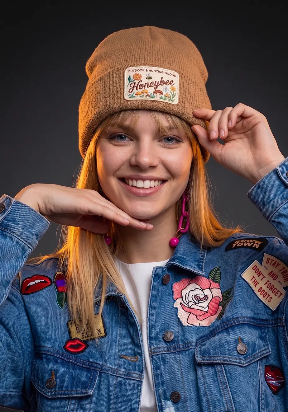 Girl wearing beanie and jacket with custom patches